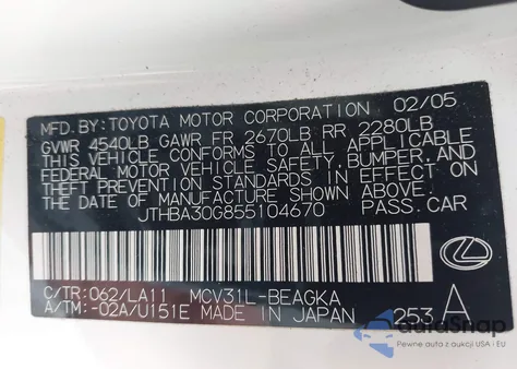 2005 Lexus Es 330 from USA, damaged, VIN JTHBA30G855104670